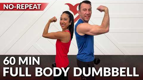 60 Min Full Body Dumbbell Workout - No Repeat at Home Strength Training with Weights for Women & Men