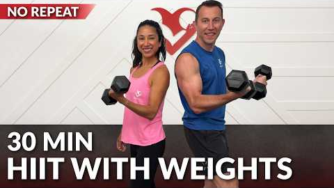 30 Min HIIT Workout with Weights for Fat Loss at Home - No Jumping - No Repeats - with Dumbbells